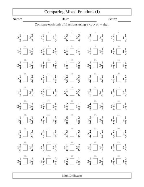 The Comparing Mixed Fractions to Sixths (I) Math Worksheet