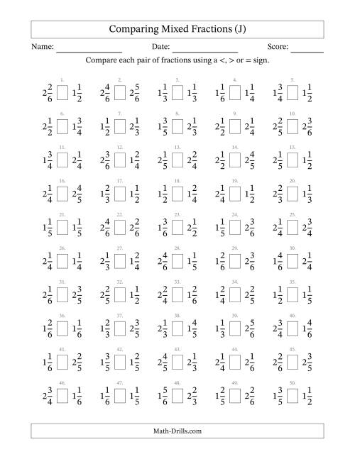 The Comparing Mixed Fractions to Sixths (J) Math Worksheet