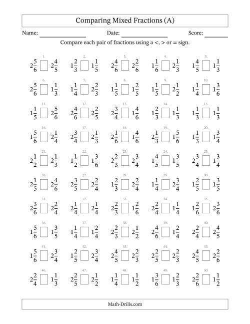 The Comparing Mixed Fractions to Sixths (All) Math Worksheet