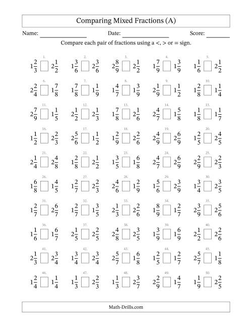 The Comparing Mixed Fractions to Ninths (A) Math Worksheet