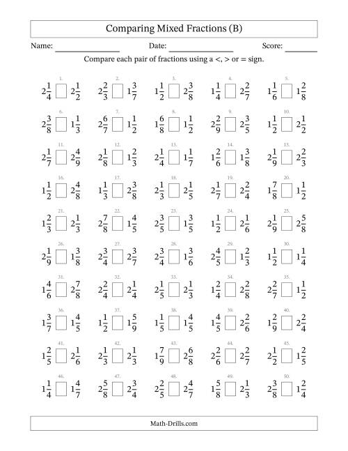 The Comparing Mixed Fractions to Ninths (B) Math Worksheet