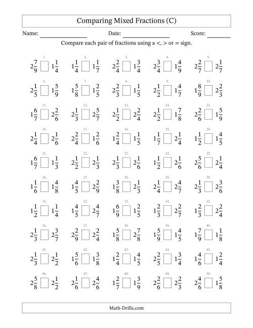 The Comparing Mixed Fractions to Ninths (C) Math Worksheet