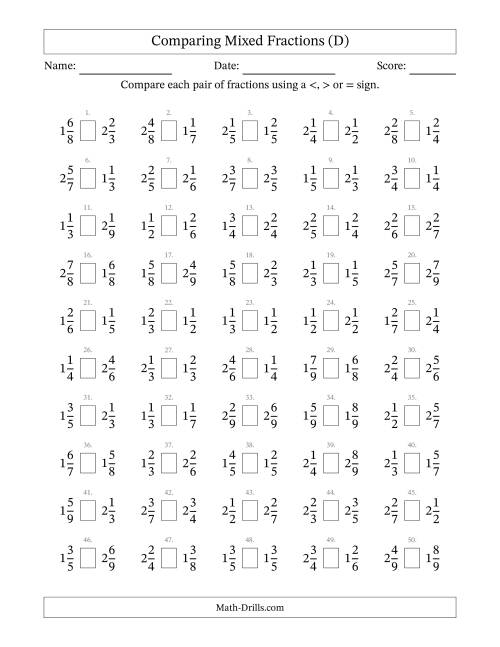 The Comparing Mixed Fractions to Ninths (D) Math Worksheet