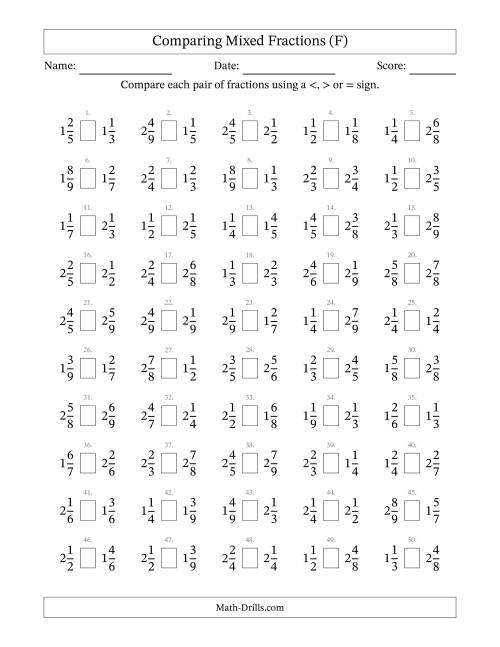 The Comparing Mixed Fractions to Ninths (F) Math Worksheet