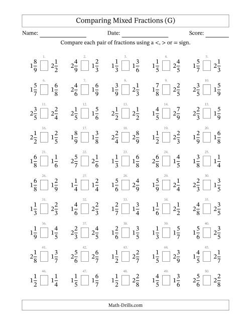 The Comparing Mixed Fractions to Ninths (G) Math Worksheet