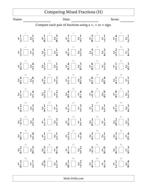 The Comparing Mixed Fractions to Ninths (H) Math Worksheet