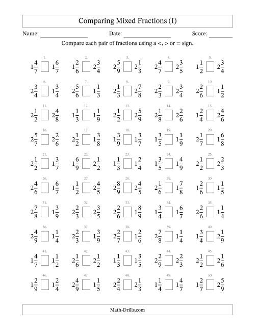 The Comparing Mixed Fractions to Ninths (I) Math Worksheet