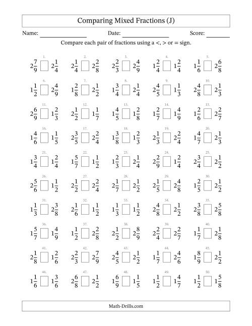 The Comparing Mixed Fractions to Ninths (J) Math Worksheet