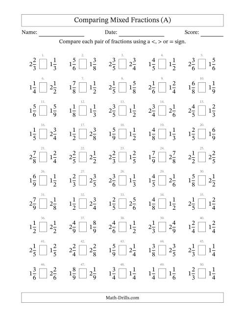 The Comparing Mixed Fractions to Ninths (No Sevenths) (A) Math Worksheet