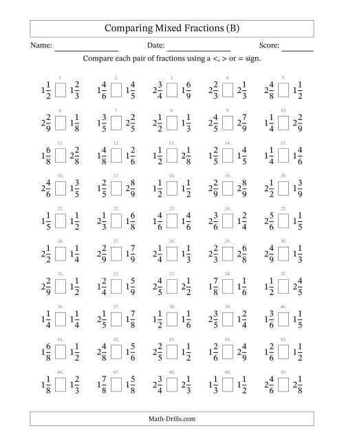 The Comparing Mixed Fractions to Ninths (No Sevenths) (B) Math Worksheet