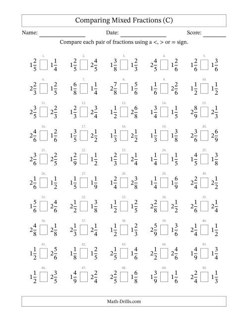 The Comparing Mixed Fractions to Ninths (No Sevenths) (C) Math Worksheet