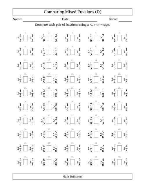 The Comparing Mixed Fractions to Ninths (No Sevenths) (D) Math Worksheet