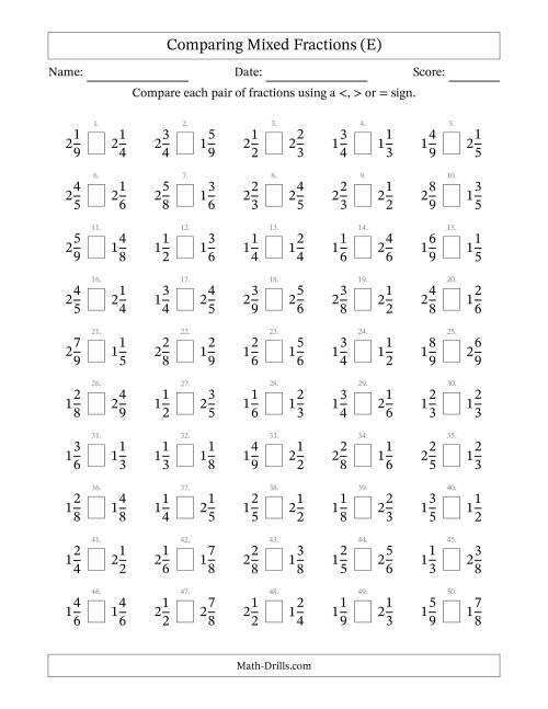 The Comparing Mixed Fractions to Ninths (No Sevenths) (E) Math Worksheet