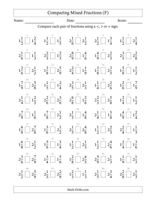 The Comparing Mixed Fractions to Ninths (No Sevenths) (F) Math Worksheet