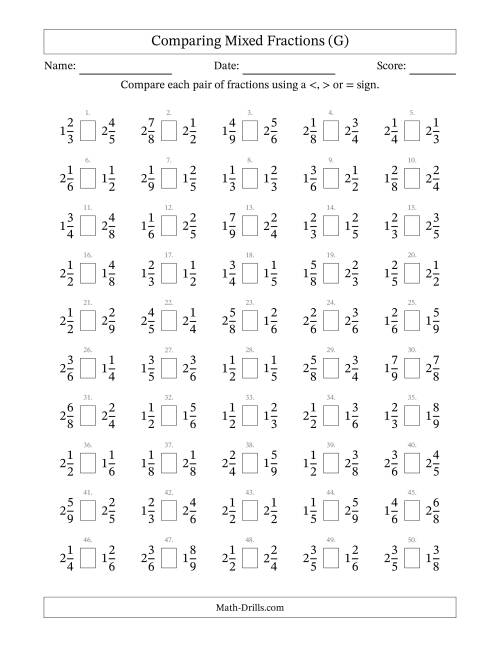 The Comparing Mixed Fractions to Ninths (No Sevenths) (G) Math Worksheet
