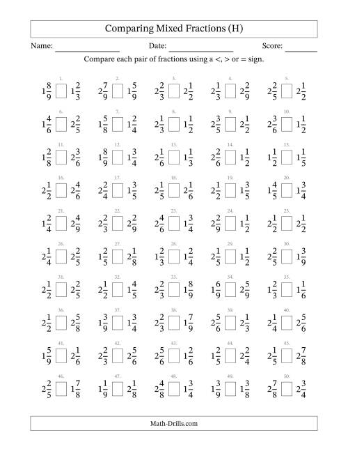 The Comparing Mixed Fractions to Ninths (No Sevenths) (H) Math Worksheet