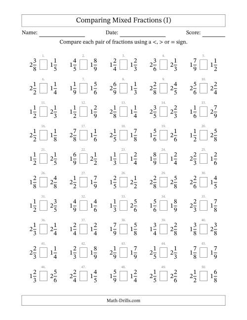 The Comparing Mixed Fractions to Ninths (No Sevenths) (I) Math Worksheet