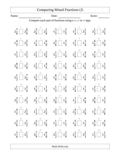 The Comparing Mixed Fractions to Ninths (No Sevenths) (J) Math Worksheet