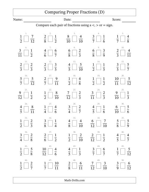 The Comparing Proper Fractions to Twelfths (D) Math Worksheet