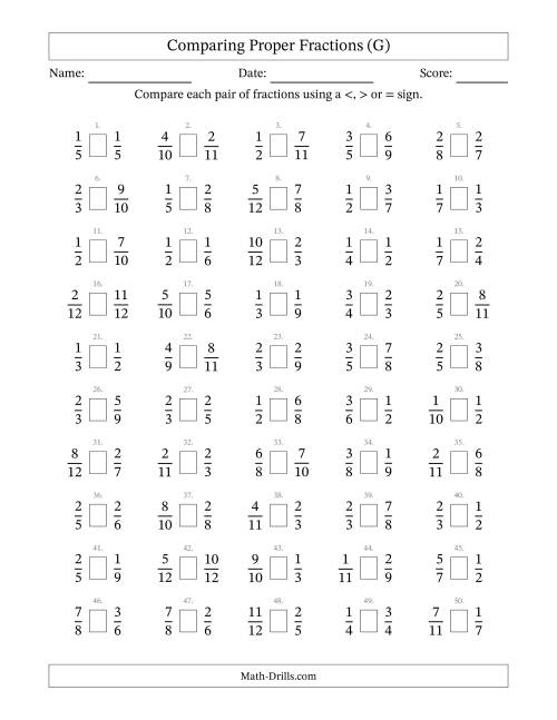 The Comparing Proper Fractions to Twelfths (G) Math Worksheet