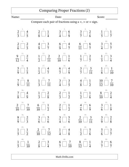 The Comparing Proper Fractions to Twelfths (J) Math Worksheet