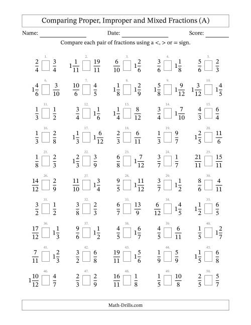 The Comparing Proper, Improper and Mixed Fractions to Twelfths (A) Math Worksheet