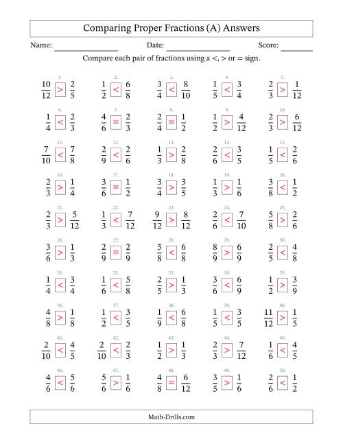 The Comparing Proper Fractions to Twelfths (No Sevenths; No Elevenths) (A) Math Worksheet Page 2