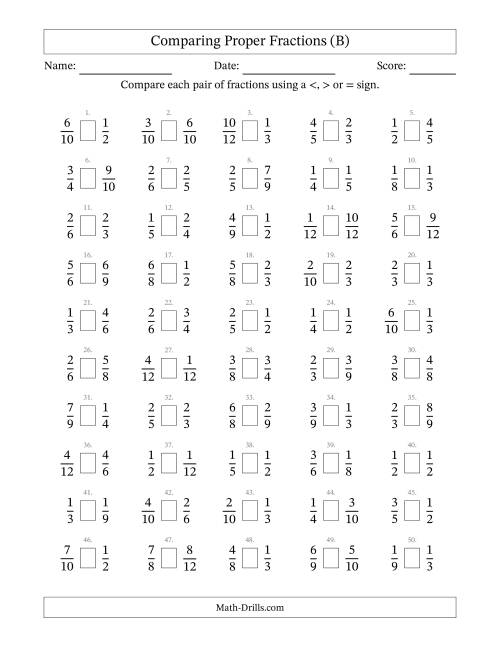 The Comparing Proper Fractions to Twelfths (No Sevenths; No Elevenths) (B) Math Worksheet