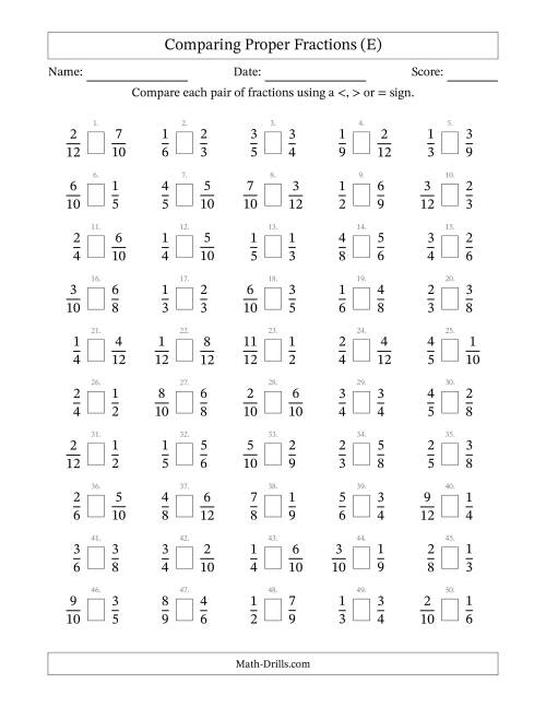 The Comparing Proper Fractions to Twelfths (No Sevenths; No Elevenths) (E) Math Worksheet