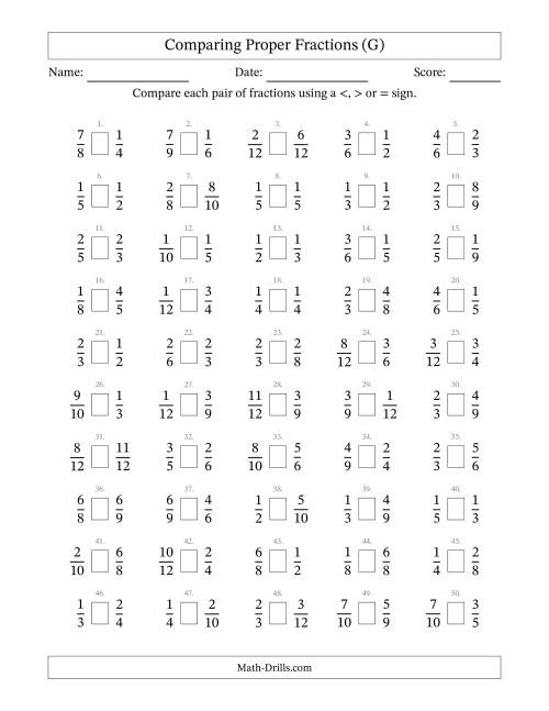 The Comparing Proper Fractions to Twelfths (No Sevenths; No Elevenths) (G) Math Worksheet