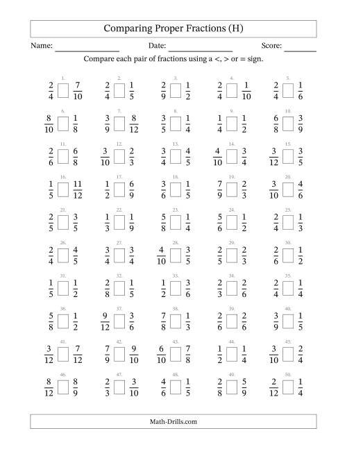 The Comparing Proper Fractions to Twelfths (No Sevenths; No Elevenths) (H) Math Worksheet