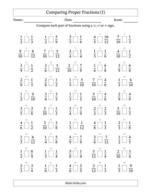 The Comparing Proper Fractions to Twelfths (No Sevenths; No Elevenths) (I) Math Worksheet