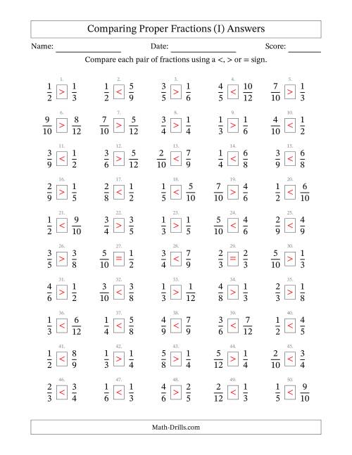 The Comparing Proper Fractions to Twelfths (No Sevenths; No Elevenths) (I) Math Worksheet Page 2