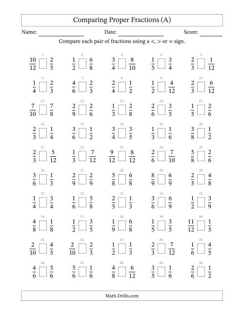The Comparing Proper Fractions to Twelfths (No Sevenths; No Elevenths) (All) Math Worksheet