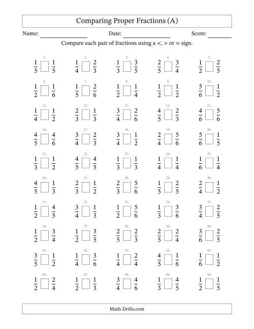 The Comparing Proper Fractions to Sixths (A) Math Worksheet