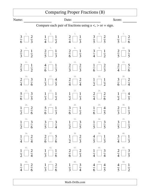The Comparing Proper Fractions to Sixths (B) Math Worksheet