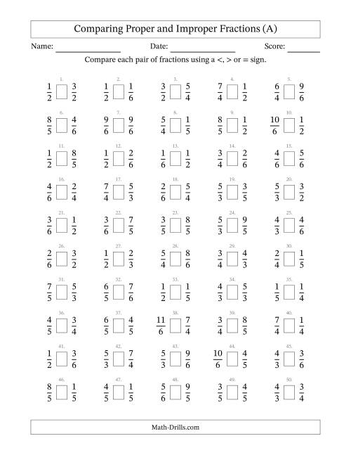 The Comparing Proper and Improper Fractions to Sixths (A) Math Worksheet