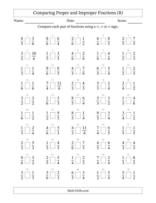 The Comparing Proper and Improper Fractions to Sixths (B) Math Worksheet