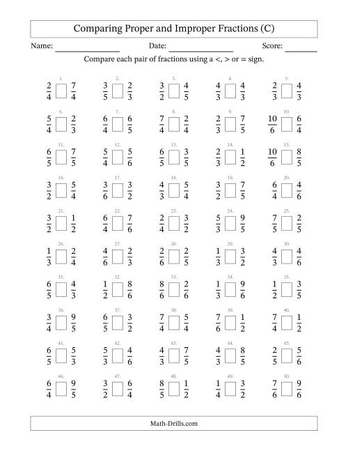 The Comparing Proper and Improper Fractions to Sixths (C) Math Worksheet