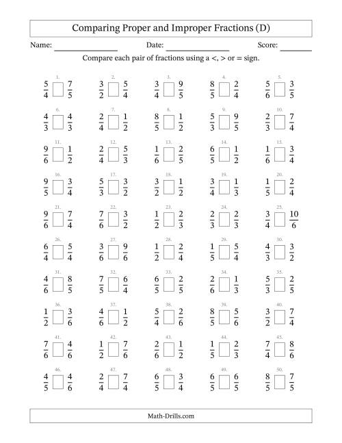 The Comparing Proper and Improper Fractions to Sixths (D) Math Worksheet