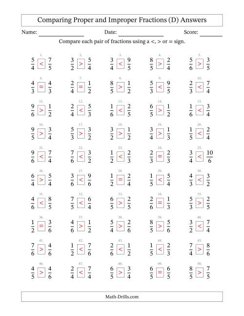The Comparing Proper and Improper Fractions to Sixths (D) Math Worksheet Page 2