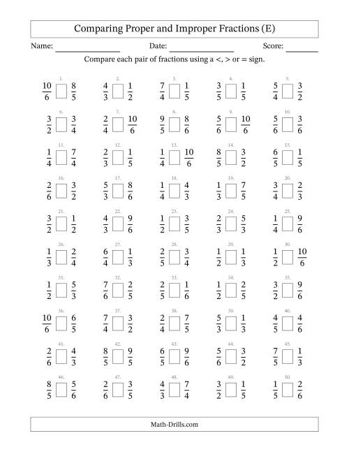 The Comparing Proper and Improper Fractions to Sixths (E) Math Worksheet
