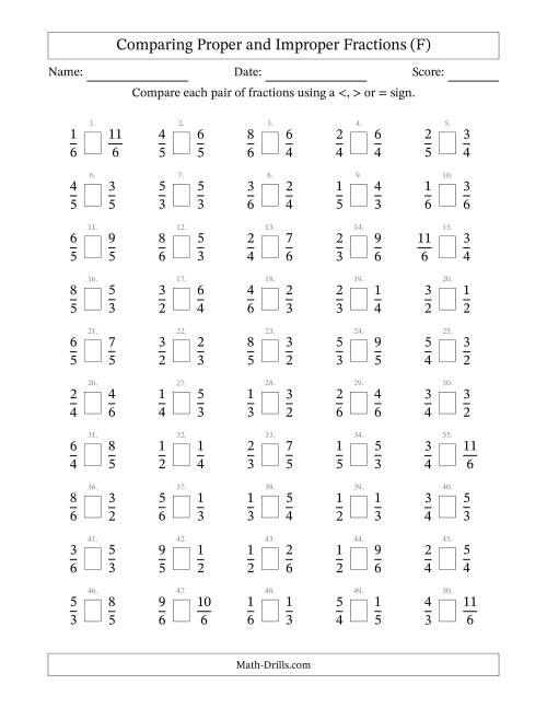 The Comparing Proper and Improper Fractions to Sixths (F) Math Worksheet