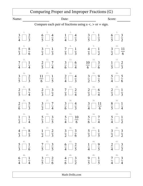 The Comparing Proper and Improper Fractions to Sixths (G) Math Worksheet