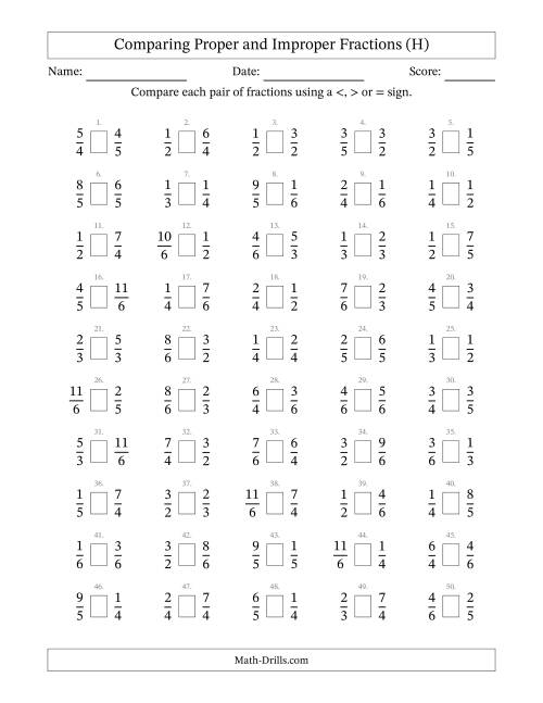 The Comparing Proper and Improper Fractions to Sixths (H) Math Worksheet
