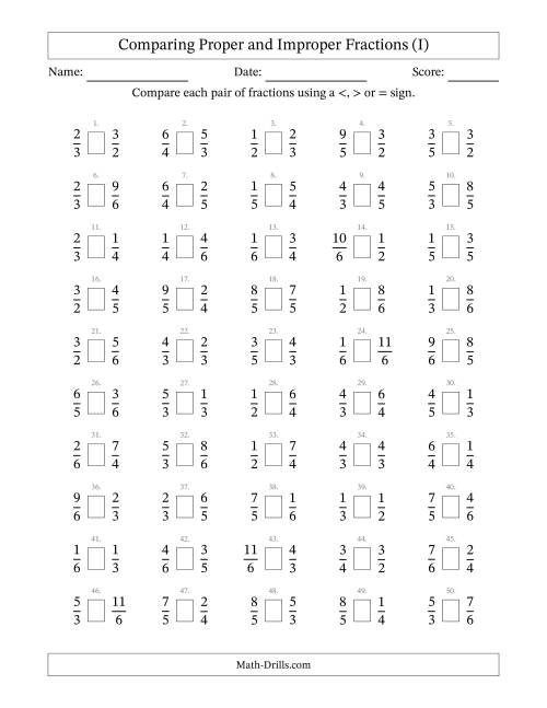 The Comparing Proper and Improper Fractions to Sixths (I) Math Worksheet