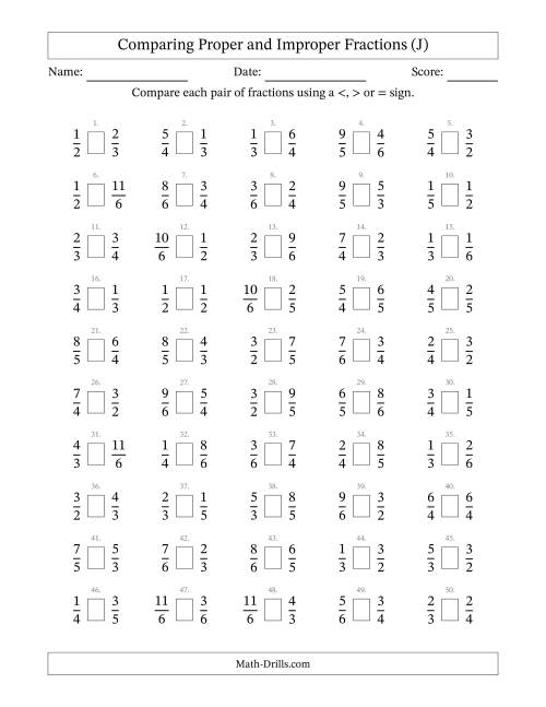 The Comparing Proper and Improper Fractions to Sixths (J) Math Worksheet