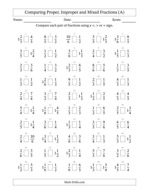 The Comparing Proper, Improper and Mixed Fractions to Sixths (A) Math Worksheet