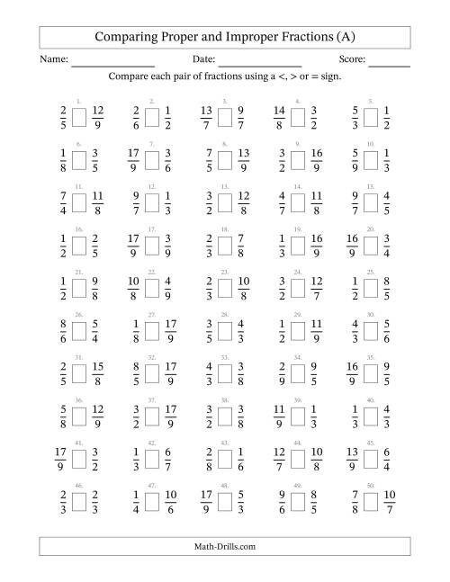 The Comparing Proper and Improper Fractions to Ninths (A) Math Worksheet