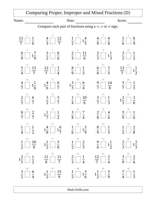 The Comparing Proper, Improper and Mixed Fractions to Ninths (D) Math Worksheet
